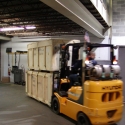Moving exhibit and display crates from our trucks and into our warehouse